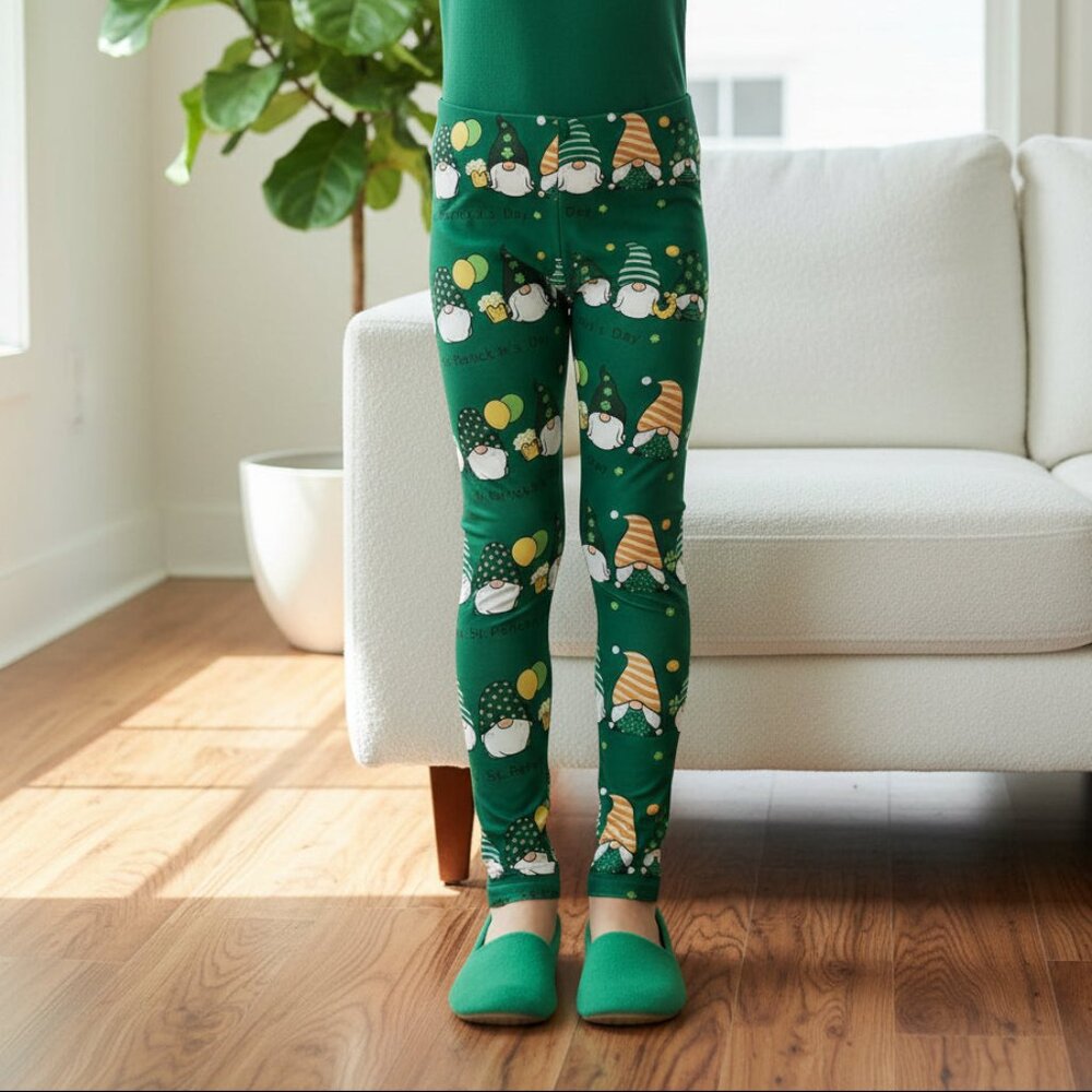 🍀S/L NEW Girls St. Patrick's Day Leggings, Gnome Printed Soft Yoga Pants, Green